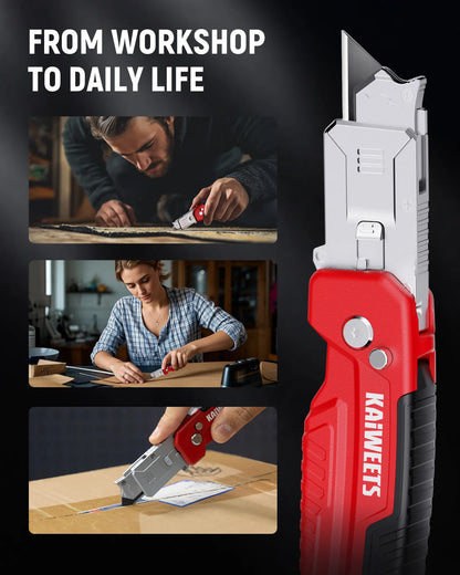 Heavy Duty Utility Knife Scraper – Retractable Box Cutter with Zinc Alloy Handle, Replaceable SK2 Black Blades & Storage Compartment for EDC Use