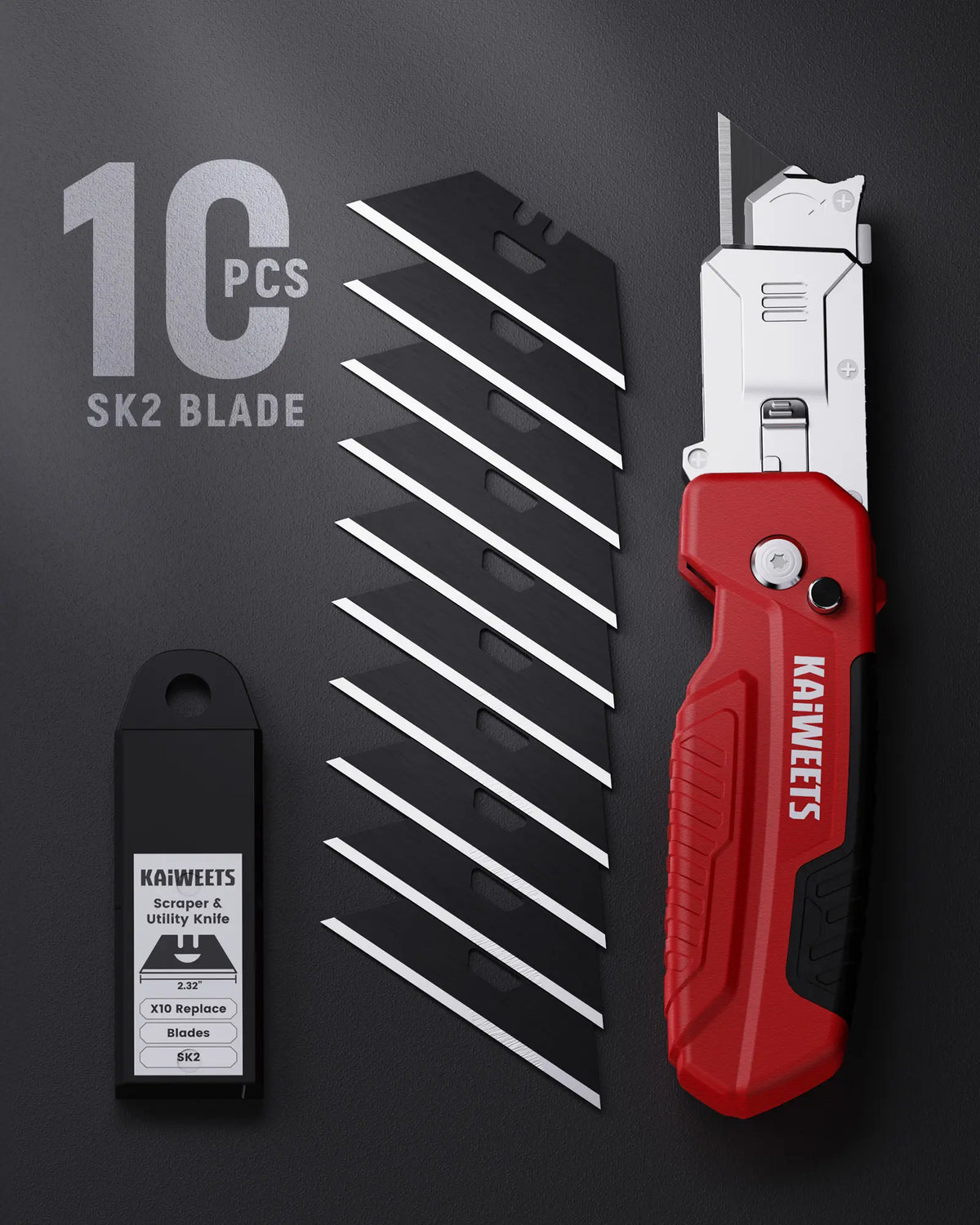 Heavy Duty Utility Knife Scraper – Retractable Box Cutter with Zinc Alloy Handle, Replaceable SK2 Black Blades & Storage Compartment for EDC Use