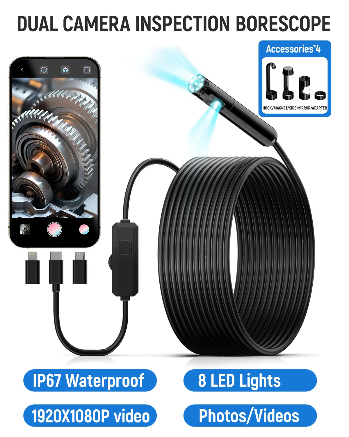 HD Dual Lens Borescope Camera – Waterproof Inspection Endoscope with Built-In Display, 360° Viewing for Automotive, Plumbing & DIY Repairs