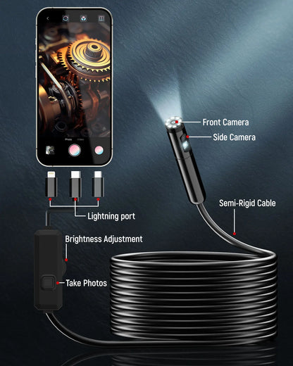 HD Dual Lens Borescope Camera – Waterproof Inspection Endoscope with Built-In Display, 360° Viewing for Automotive, Plumbing & DIY Repairs