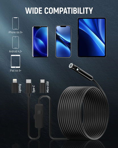 HD Dual Lens Borescope Camera – Waterproof Inspection Endoscope with Built-In Display, 360° Viewing for Automotive, Plumbing & DIY Repairs