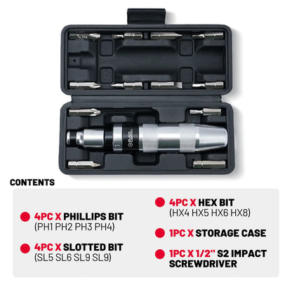 BLACK CANYON Impact Screwdriver Set – 13-Piece 1/2" Manual Impact Driver Kit with S2 Steel Bits for Car Repair, DIY Projects & Stubborn Fasteners