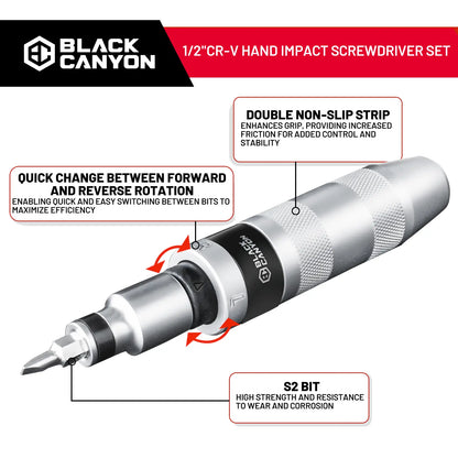 BLACK CANYON Impact Screwdriver Set – 13-Piece 1/2" Manual Impact Driver Kit with S2 Steel Bits for Car Repair, DIY Projects & Stubborn Fasteners