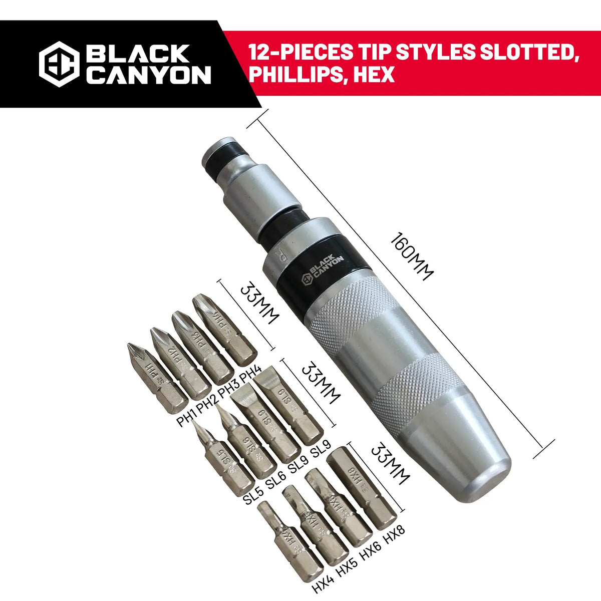BLACK CANYON Impact Screwdriver Set – 13-Piece 1/2" Manual Impact Driver Kit with S2 Steel Bits for Car Repair, DIY Projects & Stubborn Fasteners