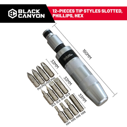 BLACK CANYON Impact Screwdriver Set – 13-Piece 1/2" Manual Impact Driver Kit with S2 Steel Bits for Car Repair, DIY Projects & Stubborn Fasteners